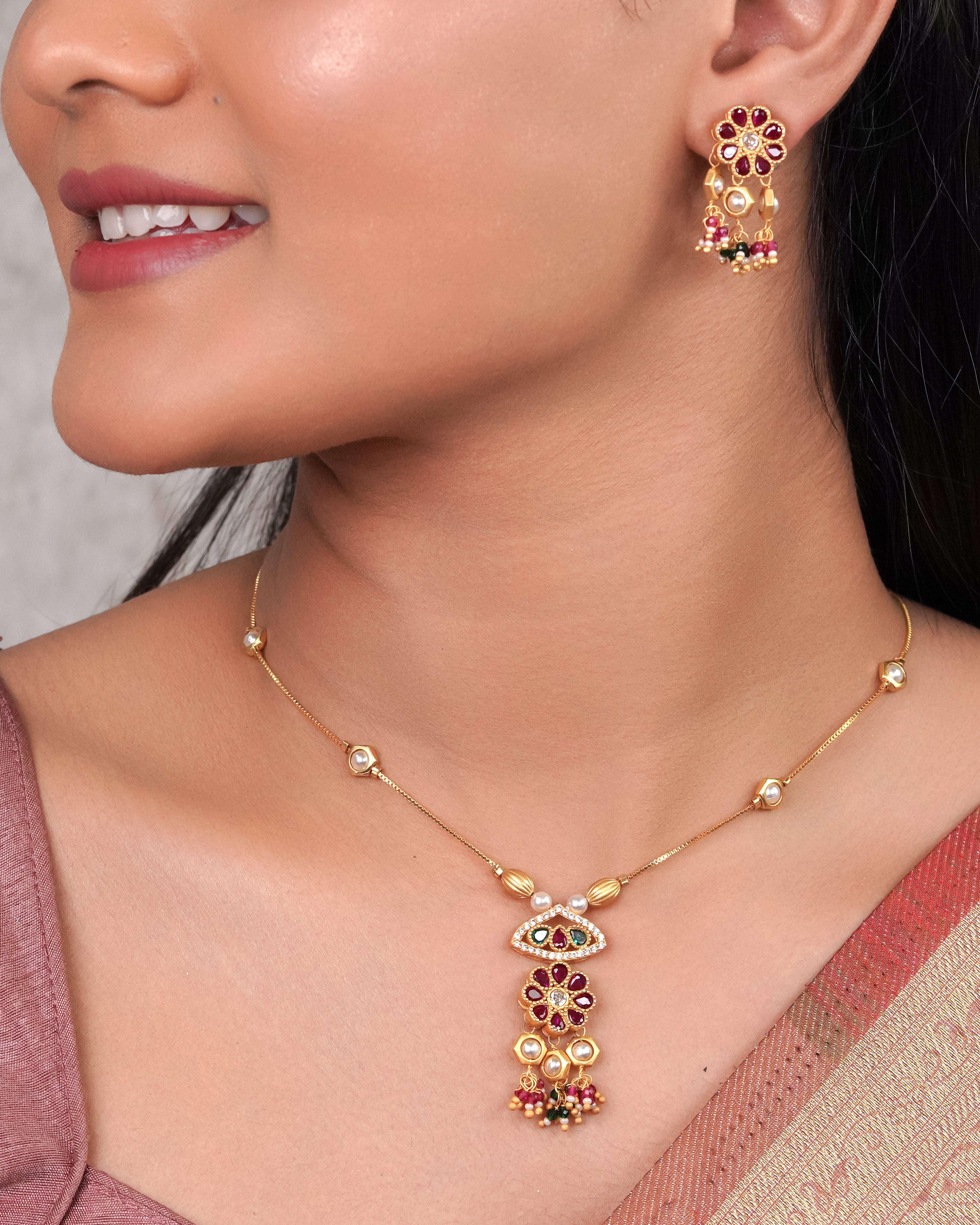 Ruby Floral & Kundan Drop Necklace Set