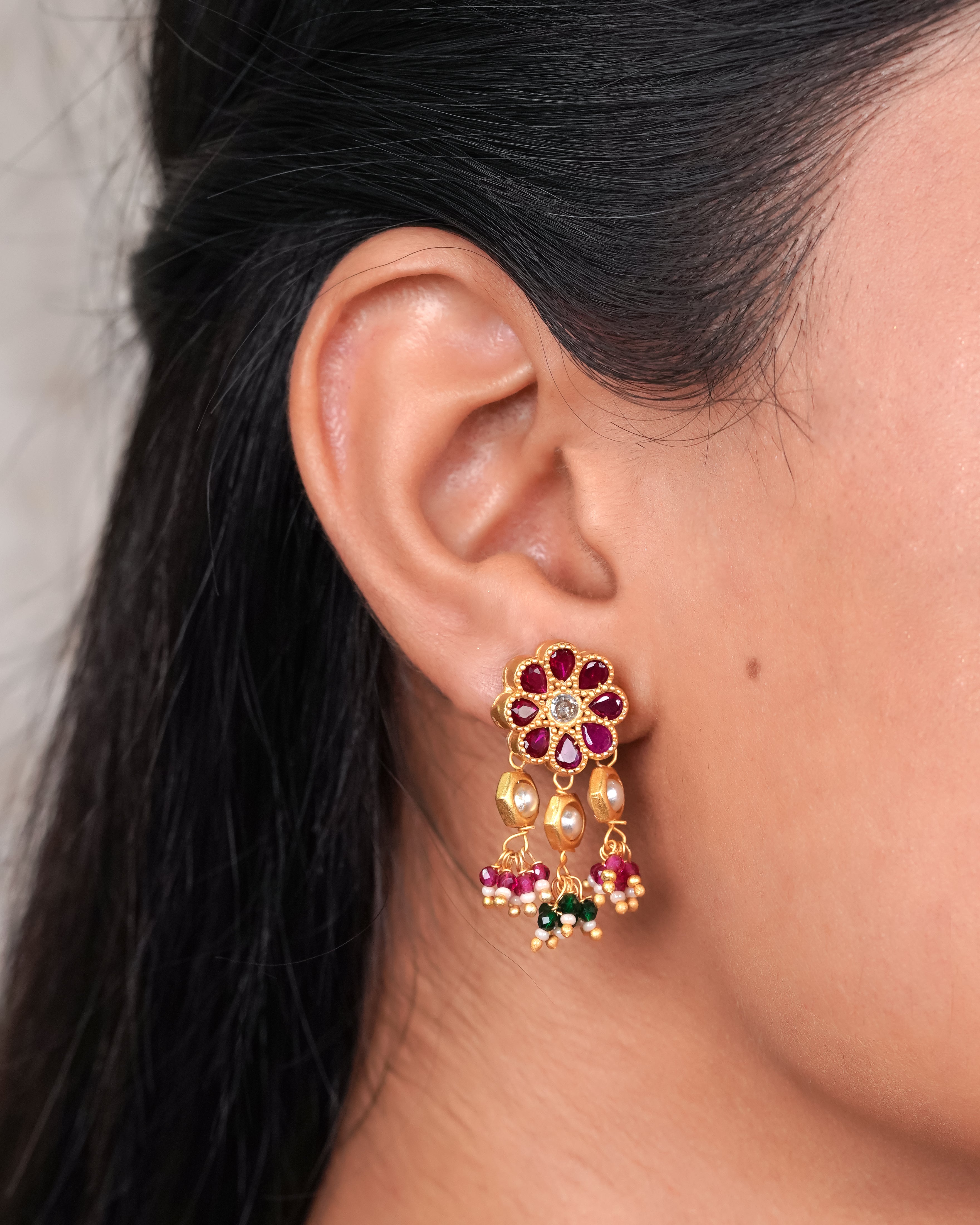Ruby Floral & Kundan Drop Necklace Set