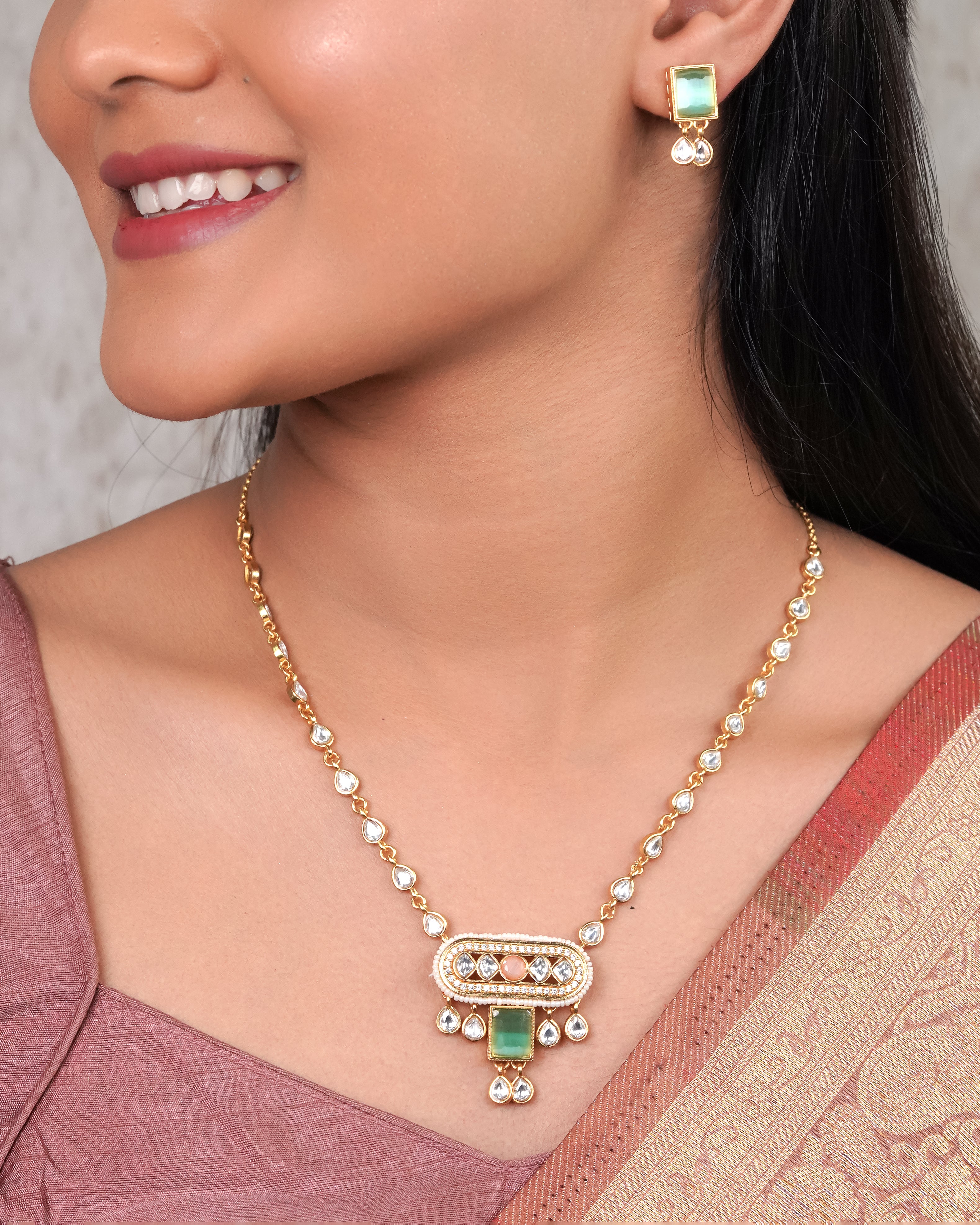 Mint Green Kundan Pendant Necklace Set
